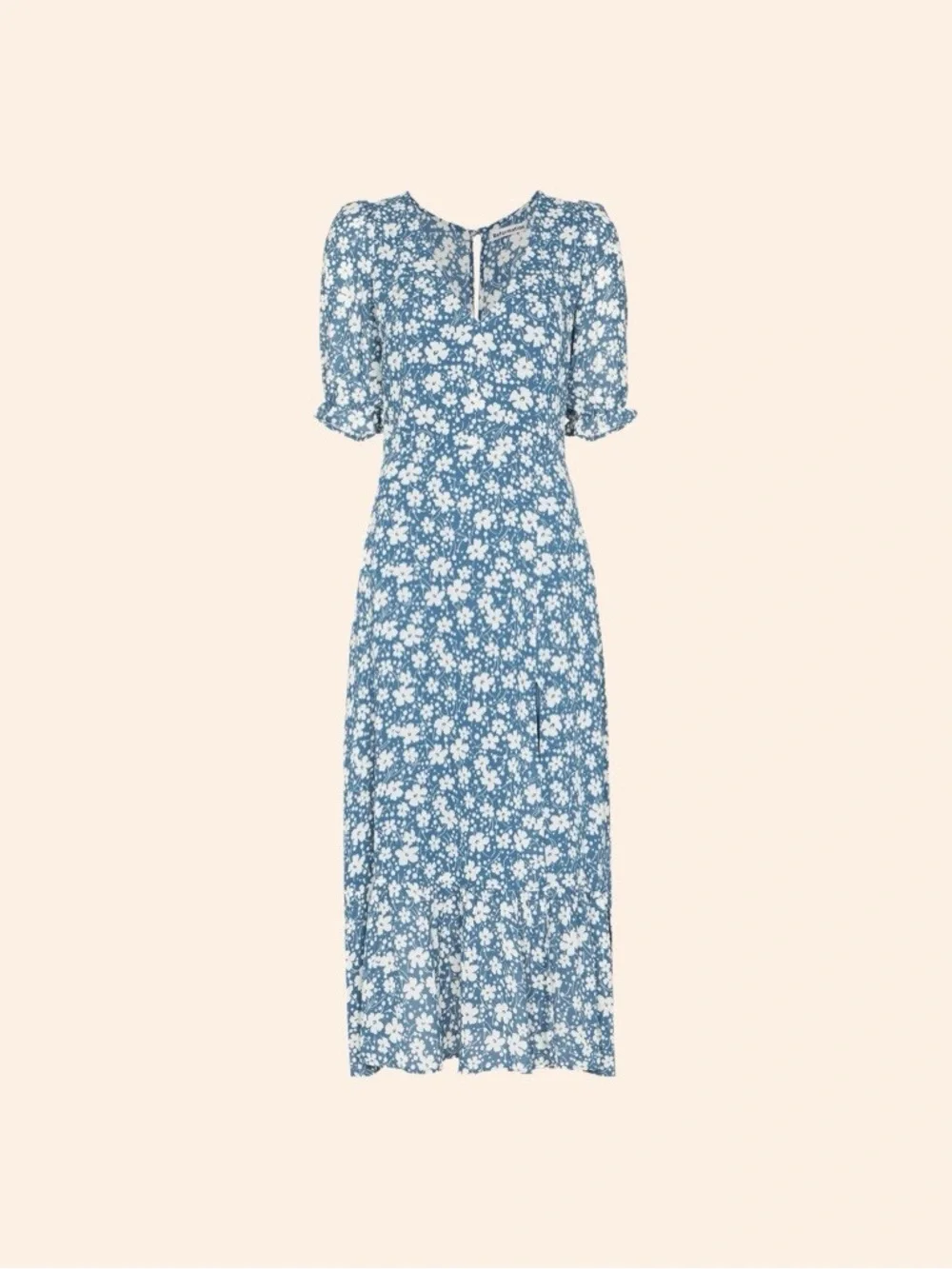 Reformation Blue V-Neck Midi Dress with Side Slit Nantes Mari Floral Ruffle Sz 8 - Picture 2 of 8